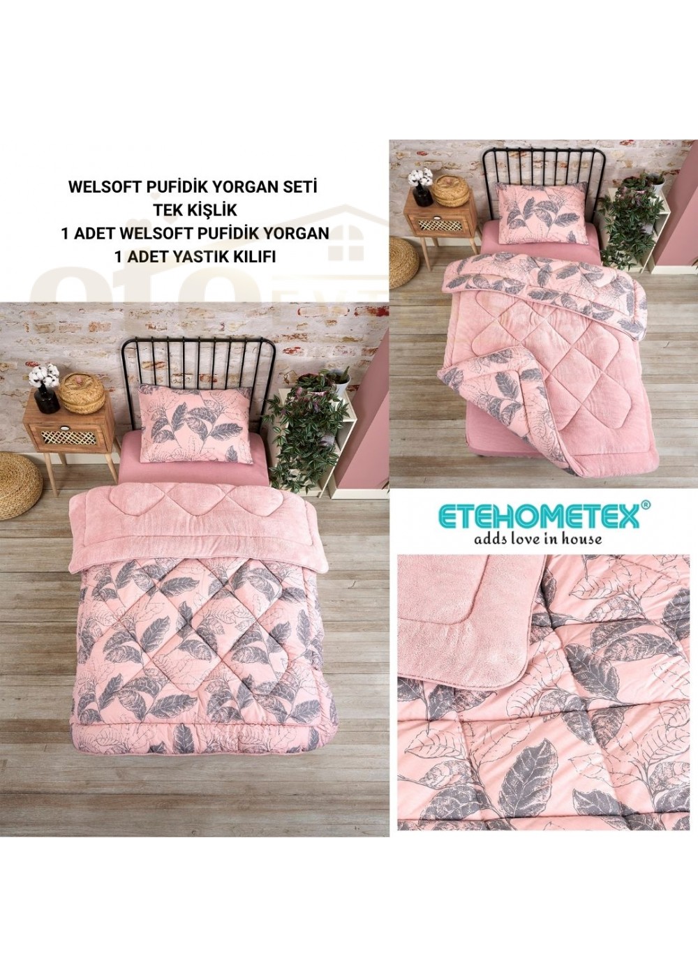 ETE HOMETEX TEK KİŞİLİK LÜX WELSOFT YORGAN SETİ ARİNA PUDRA 155X215CM 8696474231933